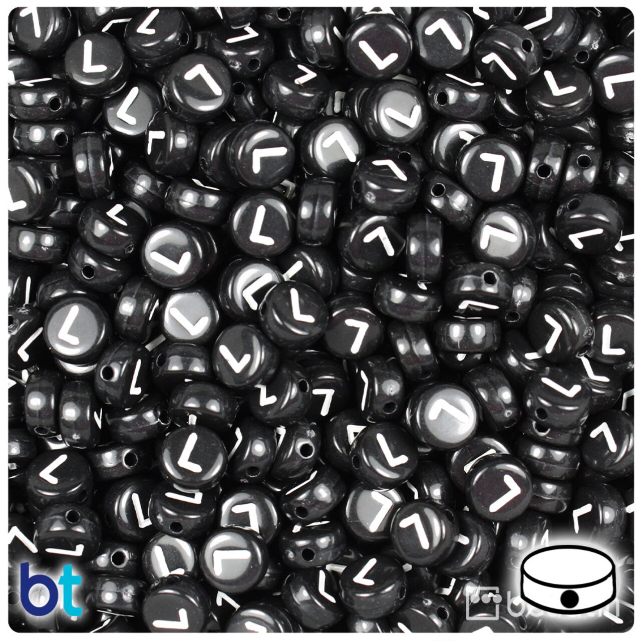 BeadTin Black Opaque 7mm Coin Plastic Alpha Beads - White Letter L (100pcs)